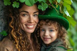 ai gegenereerd vrouw met weinig kind in klaver elf van Ierse folklore hoed lachend, omringd door groen bladeren foto