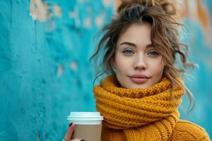 ai gegenereerd een vrouw Holding een kop van koffie foto