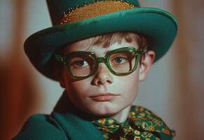 ai gegenereerd groen st Patrick dag Grieks jongen met bril en groen hoed foto