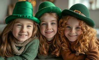 ai gegenereerd drie kinderen zijn gelukkig en poseren voor st Patrick dag foto's foto