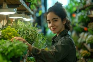 ai gegenereerd beeld van een verkoop manager in een op te slaan verkoop planten Aan de verdieping foto