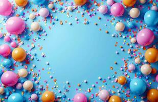 ai gegenereerd confetti, ballonnen en decoraties geregeld in een circulaire patroon over- een blauw achtergrond foto