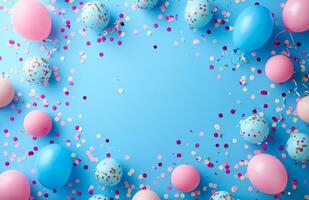 ai gegenereerd confetti, ballonnen en decoraties geregeld in een circulaire patroon over- een blauw achtergrond foto