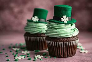 ai gegenereerd twee cupcakes versierd met klaver en groen hoed foto