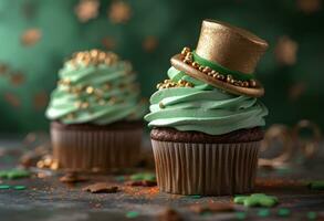 ai gegenereerd twee cupcakes met de elf van Ierse folklore hoed Aan top foto