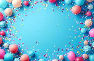 ai gegenereerd confetti, ballonnen en decoraties geregeld in een circulaire patroon over- een blauw achtergrond foto