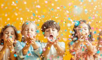 ai gegenereerd kinderen blazen uit confetti, foto