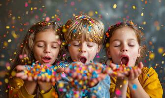 ai gegenereerd kinderen blazen uit confetti, foto