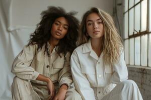 ai gegenereerd twee Dames zijn zittend in hun jumpsuits foto