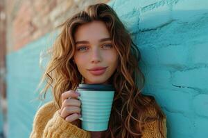 ai gegenereerd vrouw Holding een kop van koffie foto