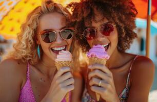 ai gegenereerd twee Dames aan het eten ijs room kegels met zonnebril samen foto