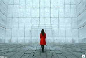 ai gegenereerd meisje staand in een rood jas binnen een wit boeddhistisch gebouw foto