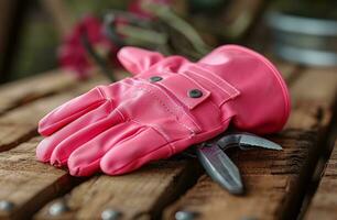 ai gegenereerd omkeerbaar roze tuinieren handschoenen en tang Aan houten tafel met hout achtergrond foto