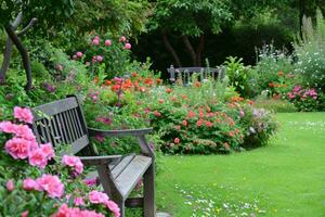 ai gegenereerd een idyllisch tuin instelling met bloeiend bloemen, het verstrekken van een pittoreske canvas voor reclame elegantie foto