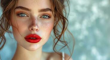 ai gegenereerd u kan zien een mooi vrouw gebruik makend van rood lippenstift foto