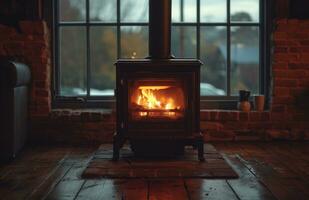 ai gegenereerd ingebouwd hardhout brander Aan een hardhout vloeren foto