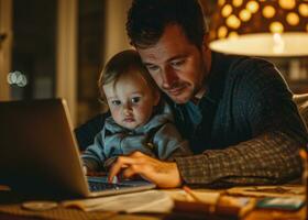 ai gegenereerd vader en kleuter schrijven Aan een laptop Bij huis foto