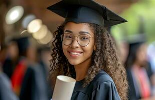 ai gegenereerd vrouw afstuderen tonen haar diploma naar de camera foto