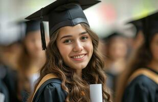 ai gegenereerd vrouw afstuderen tonen haar diploma naar de camera foto