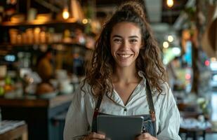 ai gegenereerd vrouw werknemer Holding tablet computer in dining kamer foto