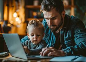 ai gegenereerd vader en kleuter schrijven Aan een laptop Bij huis foto