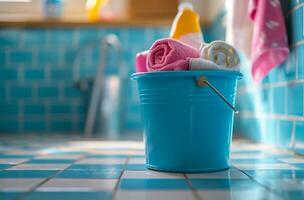 ai gegenereerd huis schoonmaak producten in een blauw emmer binnen keuken, foto