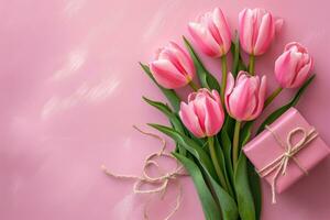 ai gegenereerd roze geschenk doos roze tulpen foto