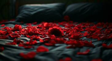 ai gegenereerd roos bloemblaadjes in bed Aan huwelijksreis foto
