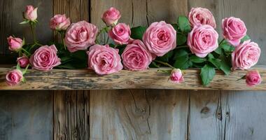 ai gegenereerd roze rozen Aan een houten plank foto