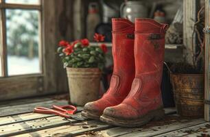 ai gegenereerd rood laarzen en tuinieren handschoenen Aan hout vloer, rood en beige tuin schaar foto