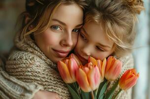 ai gegenereerd moeders dag groet kaart ideeën moeder dochter knuffel boeket van tulpen foto