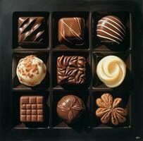 ai gegenereerd sommige chocolaatjes Aan een vlak zwart oppervlakte realist levensecht nauwkeurigheid foto
