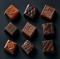 ai gegenereerd sommige chocolaatjes Aan een vlak zwart oppervlakte realist levensecht nauwkeurigheid foto