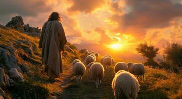 ai gegenereerd Jezus op zoek Bij zijn schapen Aan zonsondergang foto