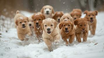 ai gegenereerd veel puppy's spelen in de sneeuw foto