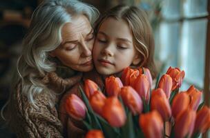 ai gegenereerd moeders dag groet kaart ideeën moeder dochter knuffel boeket van tulpen foto