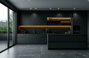 ai gegenereerd de modern minimalistische keuken met zwart kasten en metaal verlichting foto