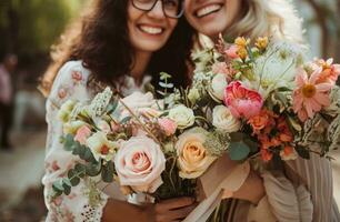 ai gegenereerd twee Dames zijn Holding boeketten van mooi bloemen en glimlachen foto