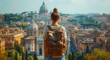 ai gegenereerd vrouw Holding rugzak op zoek Bij Rome horizon met stad keer bekeken, foto