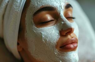 ai gegenereerd vrouw hebben gelaats met masker van een schoonheid salon foto