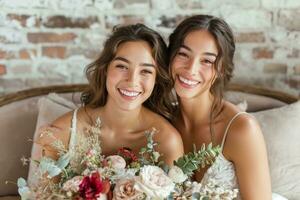 ai gegenereerd twee Dames zijn Holding boeketten van mooi bloemen en glimlachen foto