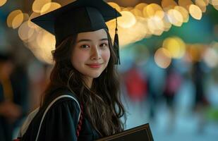 ai gegenereerd jong vrouw leerling vervelend zwart pet en japon Holding diploma foto