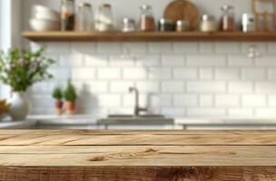 ai gegenereerd hout keuken teller met wazig wit achtergrond foto