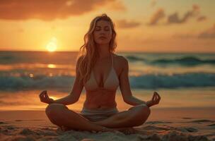 ai gegenereerd vrouw mediteren Aan stranden door zonsondergang, foto
