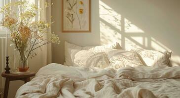 ai gegenereerd een bed in de slaapkamer met een zacht en warm beige dekbed en kussens foto