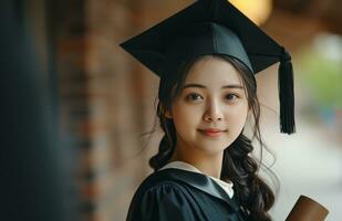 ai gegenereerd jong vrouw leerling vervelend zwart pet en japon Holding diploma foto