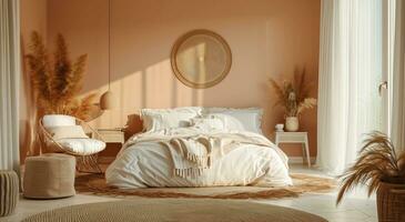 ai gegenereerd een bed in de slaapkamer met een zacht en warm beige dekbed en kussens foto