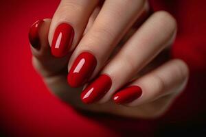 ai gegenereerd een manicure in rood met hand- met rood nagel Pools foto