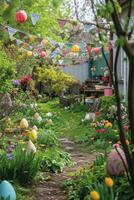 ai gegenereerd een weelderig tuin versierd met Pasen-thema decor, creëren een uitnodigend tafereel voor feestelijk reclame foto
