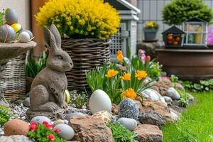 ai gegenereerd een charmant tuin tafereel met Pasen decoraties, creëren een blij atmosfeer voor advertenties foto